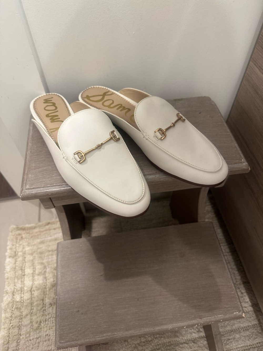 SAM. Cream Leather Slip-On Mules with Gold Horsebit